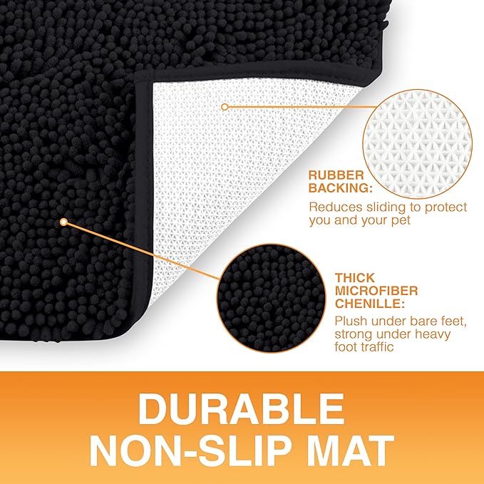 Neater Pets Chenille Dog Door Mat 36” x 24” – Super Absorbent & Quick-Dry Muddy Paws Doormat for Trapping Dirt, Water, Mud - Non-Slip & Machine Washable Pet Rugs for Entryway, Indoor Mud Mats, Black