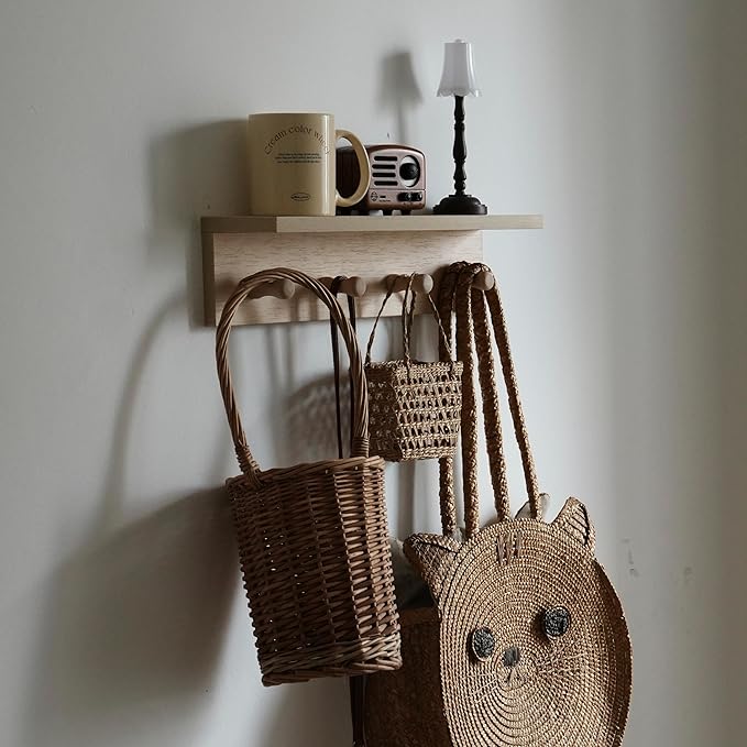 Entrance Coat Rack ，Coat Hooks, Wall-Mounted Wooden Hook Rack, Wall-Mounted Shelves are Very Suitable (Birch Colored Finish)