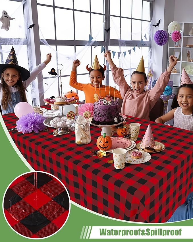 Smiry 8 Packs Gingham Disposable Table Cloth, 54 x 108 Inch Waterproof Plastic Tablecloth, Rectangle Black and Red Checkered Table Covers for Picnic, Birthday, Party