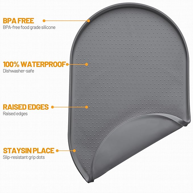 Hubulk 100% Waterproof Silicone Pet Feeding Mat with Raised Edge for Food and Water, Dog Bowl Mats, Cat Bowls Placemat with High Lip Protects Floor for Cats and Dogs (Gray, 16" L x 10" W)