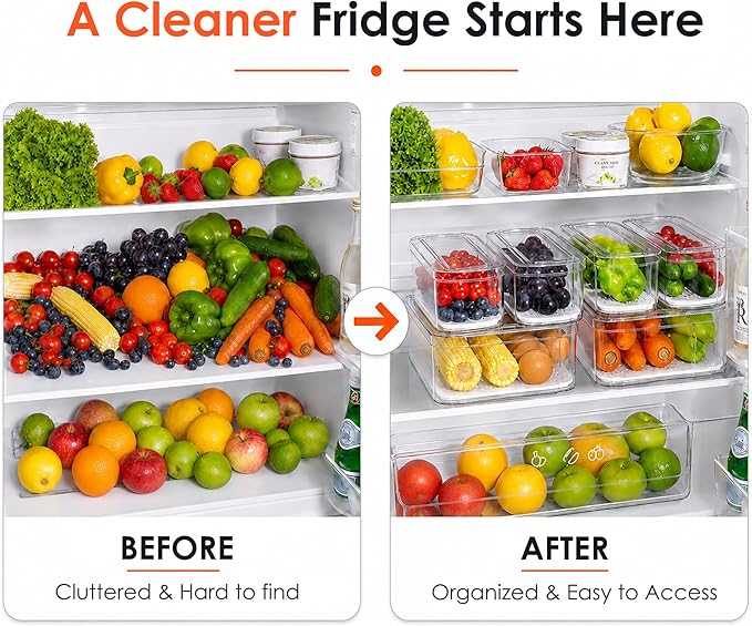SMRCAD Refrigerator Organizers and Storage, 10 Pack Lidded Fruit Storage Containers for Fridge with Drain Trays, Helps Keep Produce Fresh