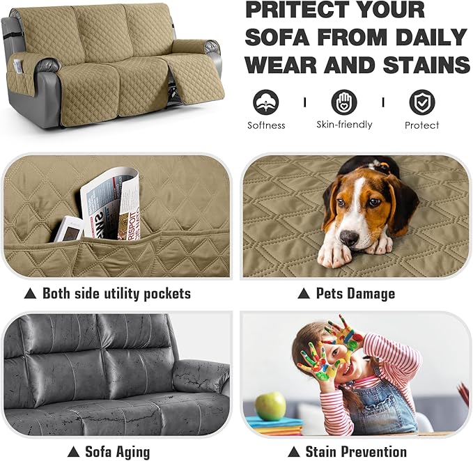 TAOCOCO 100% Waterproof Recliner Couch Covers, Recliner Sofa Covers with Leg Straps, 1-Piece Washable Reclining Sofa Cover with Pocket Couch Protector for Pets Kids(3 Seater, Camel)