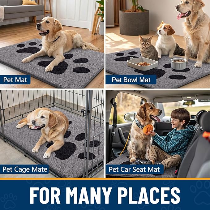 Smiry Dog Door Mat for Muddy Paws, Absorbs Moisture and Dirt, Low-Profile Entryway Mat with Non-Slip Backing, Entry Indoor Outdoor Doormat for Inside Floor (30x20 Inches, Grey, Paw)