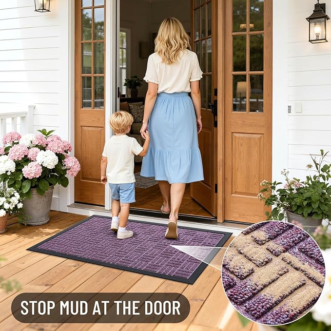 OLANLY Front Door Mat Outside Entrance 35x23, Absorbent, Heavy Duty Sturdy Natural Rubber Doormat Indoor Outdoor, Non-Slip, Stain and Fade Resistant, Low Profile Floor Mat for Entryway, Violet