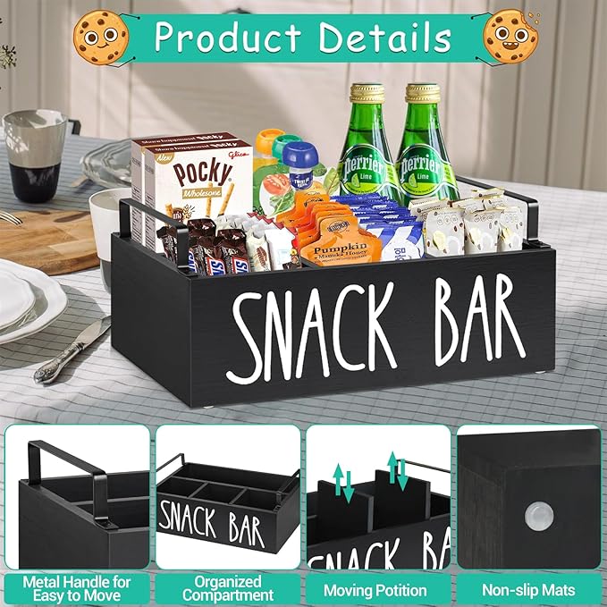 Snack Organizer for Countertop, Wood Pantry Storage Bins with Handles, Snack Bar Organizer for Pantry Shelf, Kitchen, 4 Compartment Food Container Snack Box, Pantry Organizer for Snacks, Chips(Black)