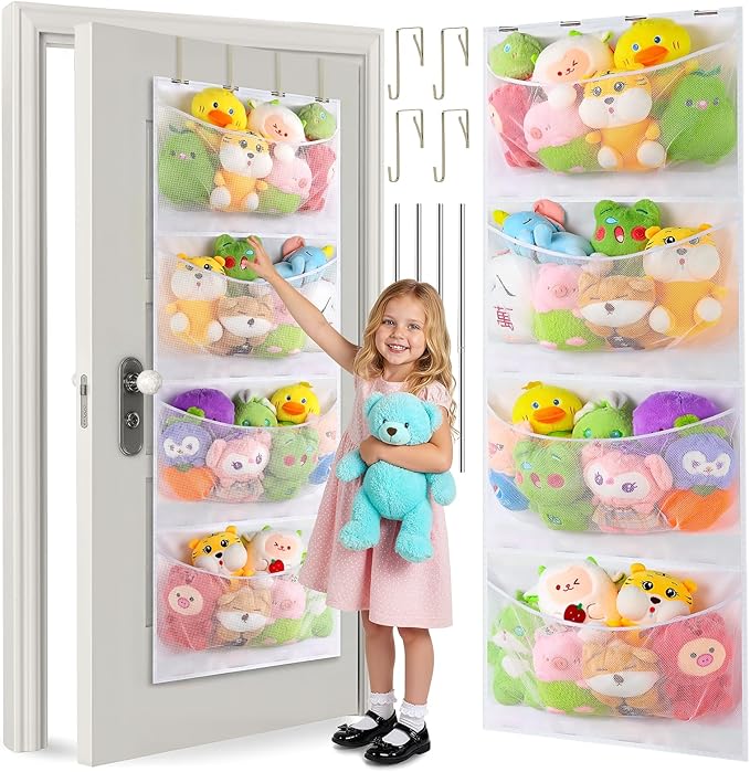Upgraded Assembly Type Stuffed Animal Storage. Original Design & Patented, 4 Components Over the Door Organizer, Adjustable Net Layer, Suitable for Doors and Walls of Various Heights.