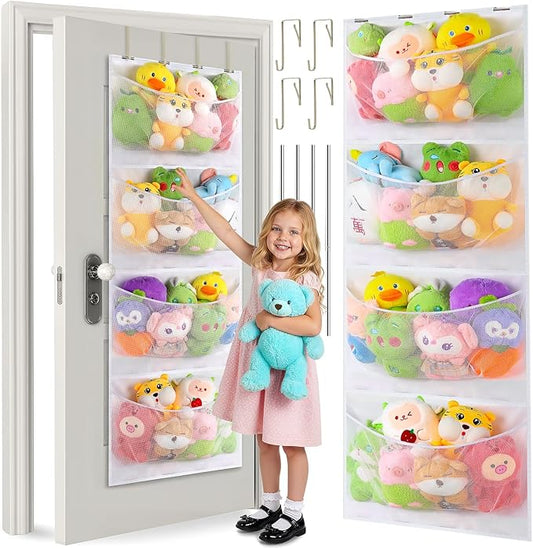 Upgraded Assembly Type Stuffed Animal Storage. Original Design & Patented, 4 Components Over the Door Organizer, Adjustable Net Layer, Suitable for Doors and Walls of Various Heights.