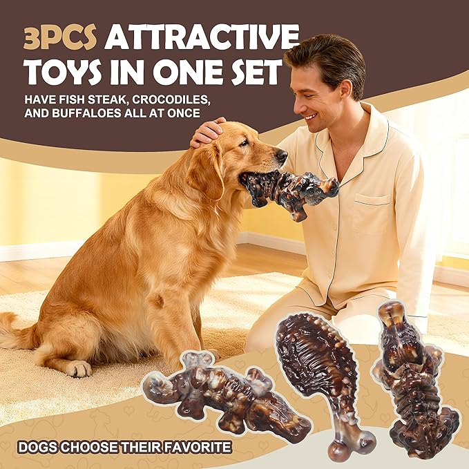 Dog Chew Toys for Aggressive Chewers,3 PCS Tough Dog Toys for Medium and Large Breed, Real Bacon Flavored Best Dog Toys to Keep Them Busy, Reduce Boredom, Dog Bones for Teeth Cleaning (Brown)