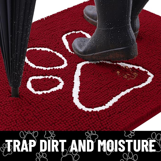 Smiry Dog Door Mat for Muddy Paws, Absorbent Dirt Trapper Non Slip Quick Dry Washable Chenille Mat for Mud Dogs, Entry Rug for Indoor and Outdoor (48x30 Inches, Red and White)