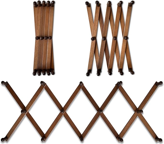 Mercurial Trade Expandable Wooden Coat Rack Hanger – Accordion Wall Mounted Pine Wood Hooks – Hand Made Vintage Expending Pegs – Hang Coat, Jacket, Hat, Leash, Towel, Mug, Bag – 14 Hook Dark Walnut