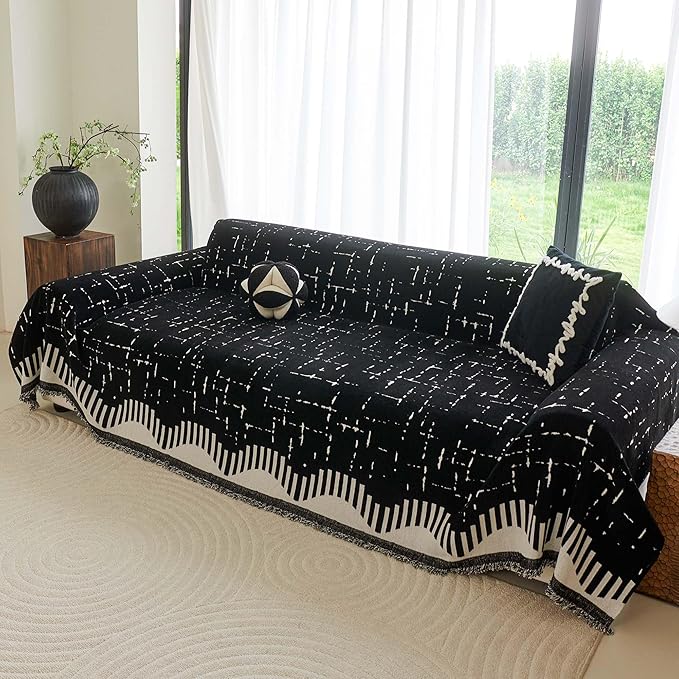 Boho Couch Cover for Dogs - Pet Proof Sofa Covers for 2 Cushion Couch, Non-Slip Chenille Sofa Slipcover, Pet Friendly Furniture Cover Fits Love Seat, 71"x118", Black
