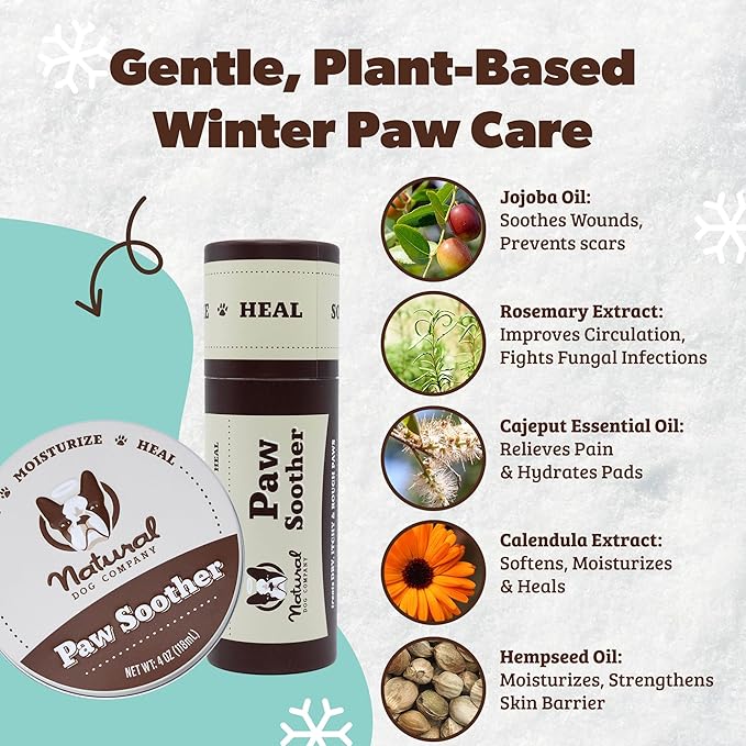 Natural Dog Company Paw Soother Balm & Wax 2 oz Stick – Nourishing Paw Care with Coconut & Hempseed Oils + Calendula – Soothes Dry, Cracked Pads – Lick-Safe & Weather Protective