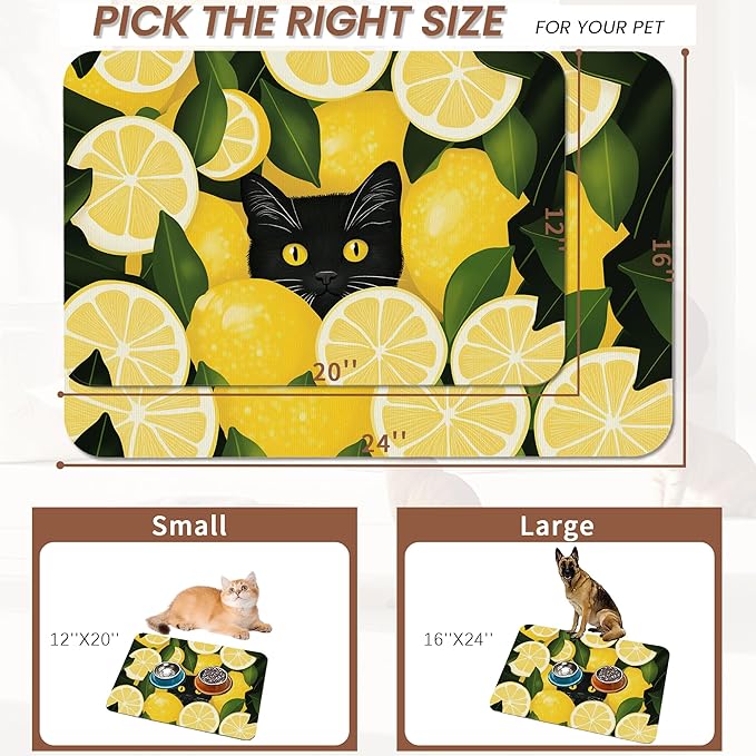 Black Cat Funny Dog Food Mat for Floors,Lemon Absorbent Pet Food and Water Bowl Mats,Non-Slip Pet Feeding Mat,Pet Supplies 12" x 20"