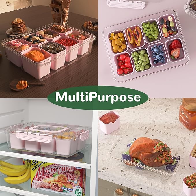 REBECAT Divided Serving Tray with Lid and Handles 8 Compartments Snack Box Container Charcuterie Organizer Snackle Box Container for Candy,Nuts，Fruits,Snacks,3 Pack,Pink