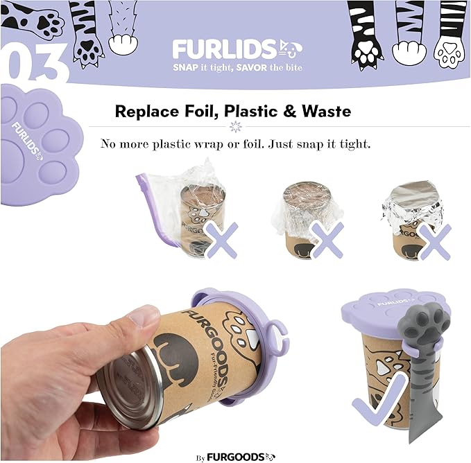 FURLIDS Furgoods 4-Pack Dog Food Can Lids & Cat Food Can Lid Set with Spatula – Silicone Pet Food Cans Covers, Airtight & Reusable – Universal Fit, Dishwasher Safe