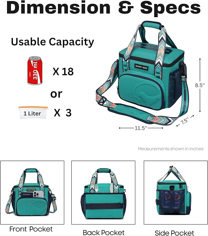 SUNNY BIRD 12L Large Insulated Lunch Bag, Leakproof and Foldable Lunch Cooler Box for Women Adult and Men, Fits 18 Cans (Turquoise Green)