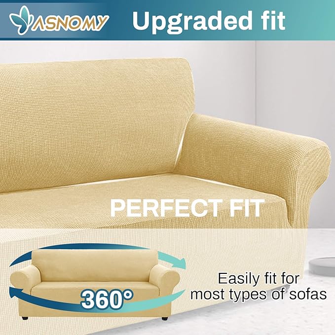 Asnomy Couch Covers for 3 Cushion Couch Stretch Sofa Covers Slipcovers, Pet Protector Furniture Covers for Dogs Cats Spandex Jacquard Fabric Small Checks （Large，Champagne）