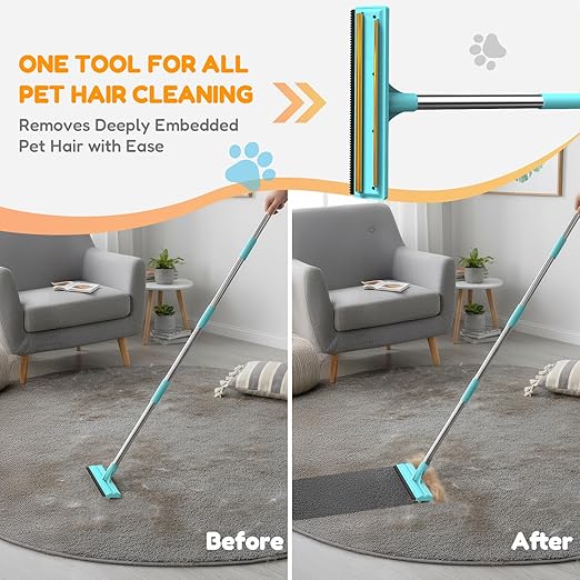 BoxZone 3 In 1 Carpet Rake for Pet Hair Removal Tool with Long & Short Handle and Rubber Detail Brush, Carpet Brush for Pet Hair, Deep Cleaning Pet Hair Removal Broom for Carpets Couches Rug Furniture