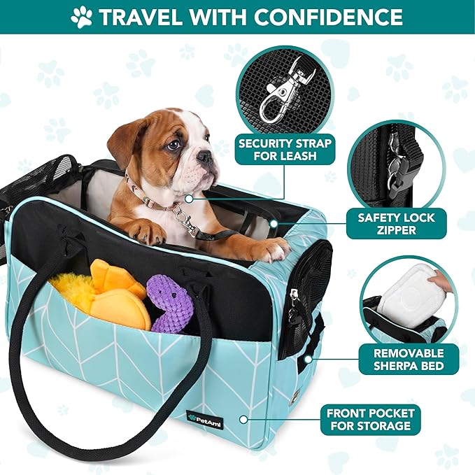 PetAmi Dog Purse Carrier for Small Dogs, Airline Approved Soft Sided Pet Carrier with Pockets, Ventilated Dog Carrying Bag for Puppy Cat, Dog Travel Supplies Bag, Sherpa Bed, Max 12 lbs, Chevron Teal