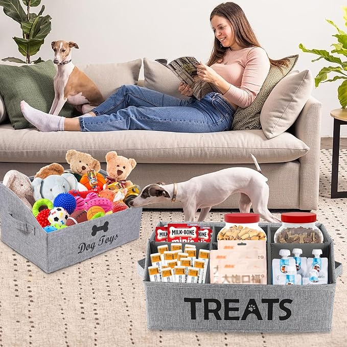 Brabtod 2pack Dog Storage Organizer,Trapezoid Dog Toy Basket,Dog Treat Container with handle,Collapsible Fabric Storage Box for Dog Toys and Dog Treats,Dog Treat Station with removable dividers-Grey