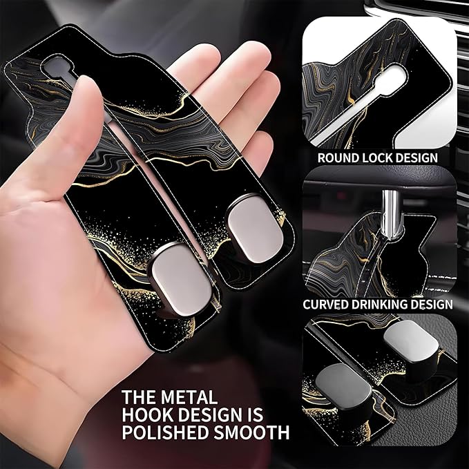 AEWNUNK 1 Pack Car Seat Headrest Hooks for Purses Abstract Black Golden Marble Bag Purse Holder for Car with Double Metal Hooks Car Purse Hanger Hanging Accessories