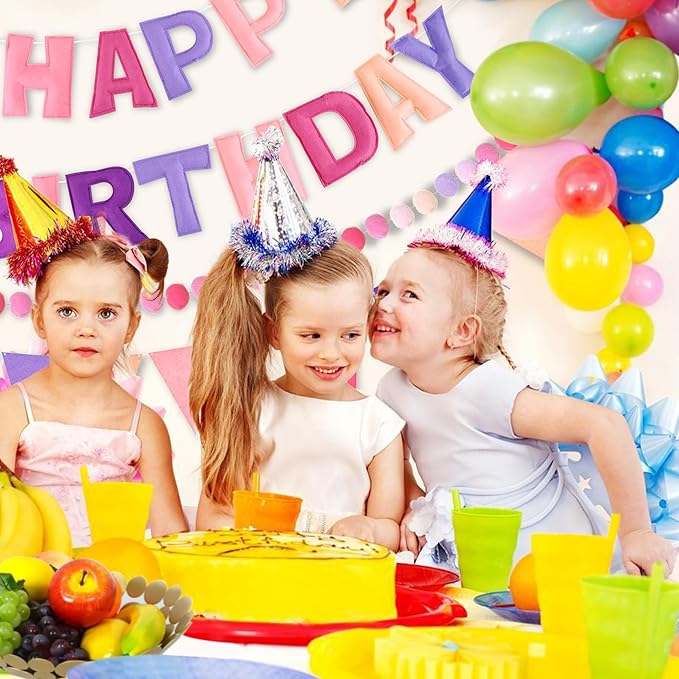 CANREVEL Pre-Strung 3D Happy Birthday Banner, 3 PCS Pink and Purple Happy Birthday Felt Garland, Pom Pom Garland, Triangle Fabric Bunting, Reusable Purple and Pink Decorations for Girls Women