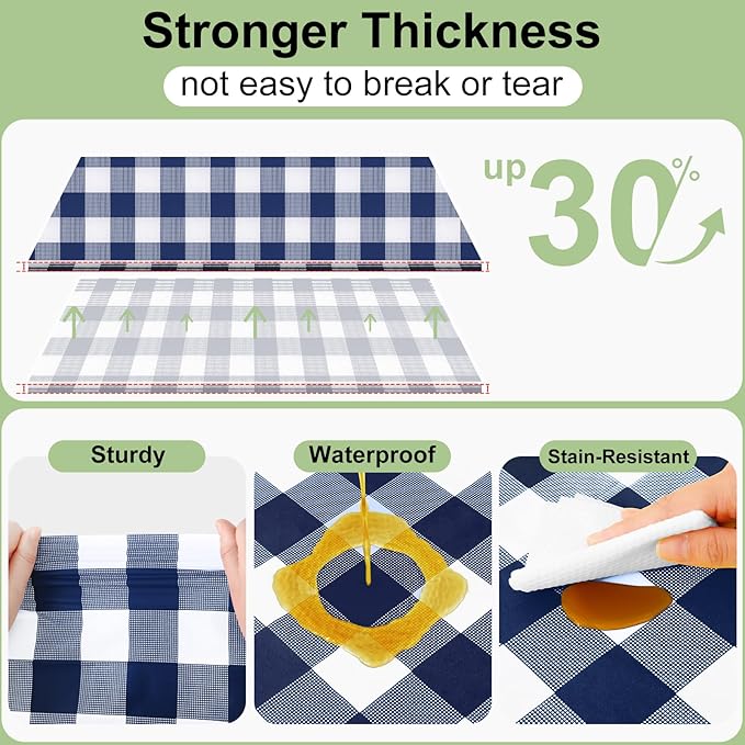Smiry 12 Packs Gingham Disposable Table Cloth, 54 x 108 Inch Waterproof Plastic Tablecloth, Rectangle Navy and White Checkered Table Covers for Picnic, Birthday, Party