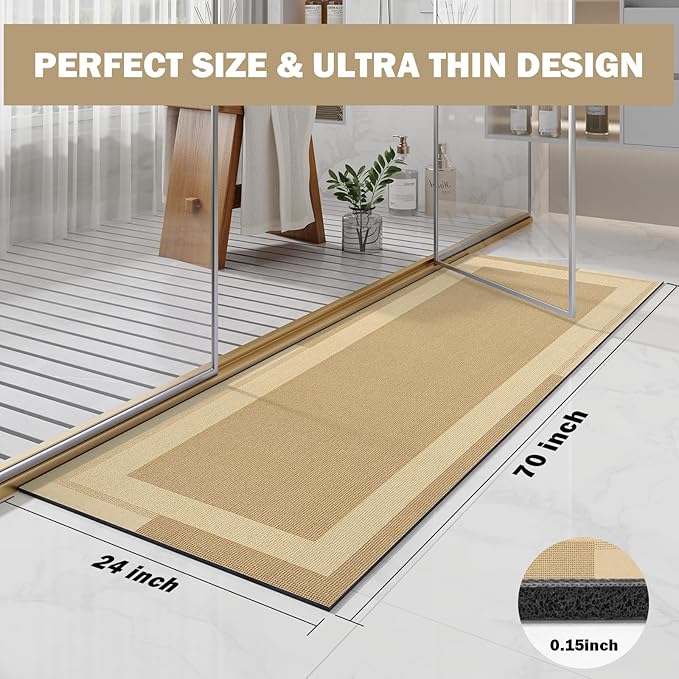 Extra Long Non Slip Bathroom Runner Bath Mat, Rubber Backing Ultra Thin Bath Rug Fit Under Door Quick Dry Super Absorbent Washable Shower Mat for Bathroom Floor Bathtub Sink, Brown 24"x70"