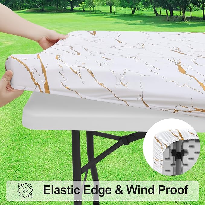 misaya Rectangle Vinyl Flannel Backed Tablecloth, Elastic Waterproof Fitted Table Cover, Plastic Table Cloth Fit 4 Foot Folding Tables for Picnic, Camping, Outdoor (White Gold Marble, 30x48 inch)