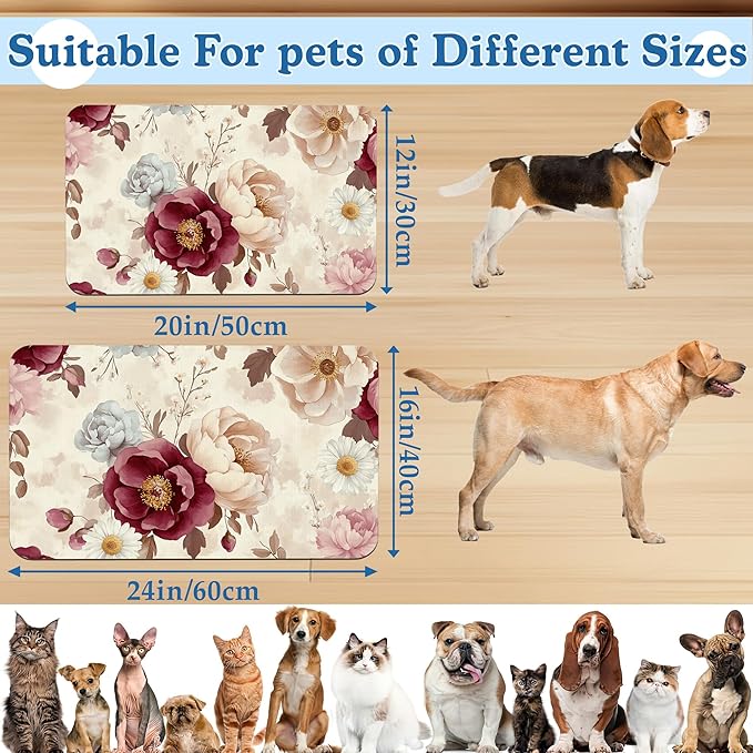 Vintage Floral Rose Pet Feeding Mat–Christmas Stocking Quick Dry Absorbent Dog Cat Food Mat, Non Slip Waterproof Bowl Placemat for Messy Eaters, Pet Accessories for Floors 16"x24"