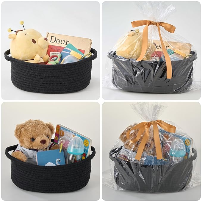 Small Woven Gift Basket Empty with Bag & Ribbon - Gifts for Mom, Baby Shower, Birthdays & Raffle - Cotton Rope Storage Basket for Dog Toys or Shelf - 12"x8"x5", Black