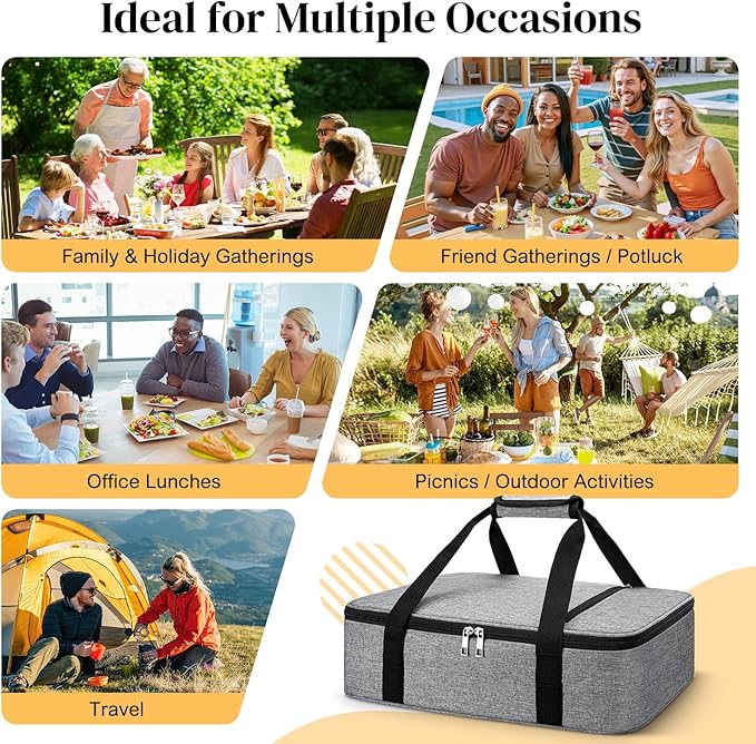 Coobiiya Insulated Casserole Carrier – Portable Tote for Hot or Cold Food, Warmer & Cooler Bag Lunch Bag, Fits 9" x 13" Baking Dish, Ideal for Potluck Parties – Grey