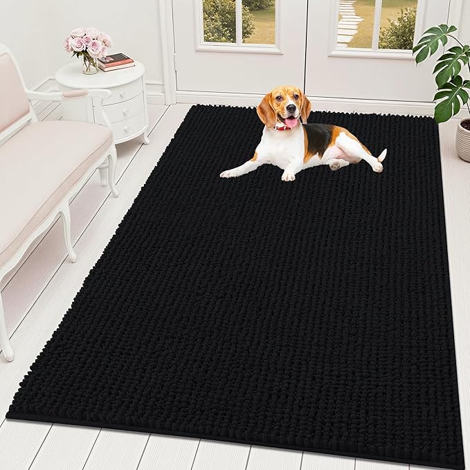 OLANLY Dog Door Mat for Muddy Paws 70x46, Ultra Absorbent Chenille Mud Doormat, Non-Slip Washable and Dirt Trapping Doormat for Indoor Entryway, Quick-Dry Indoor Pet Bed Mats for Dogs, Black