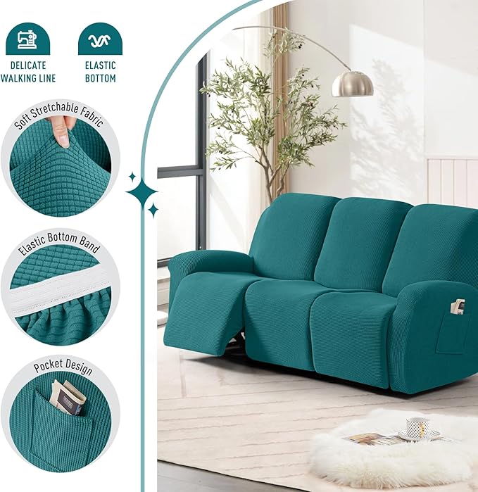 TAOCOCO Recliner Sofa Covers 8-Pieces Stretch Large Couch Covers for 3 Seats Reclining Slipcovers Soft Jacquard Pattern Furniture Protector (Peacock Blue)