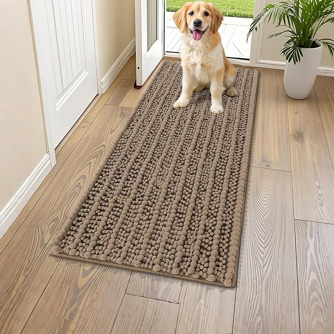 Smiry Dog Door Mat for Muddy Paws 47x20, Extra Soft Absorbent Chenille Doormat, Trap Moisture and Dirt, Non-Slip Machine Washable Front Door Mat for Indoor Entrance Inside Floor, Camel