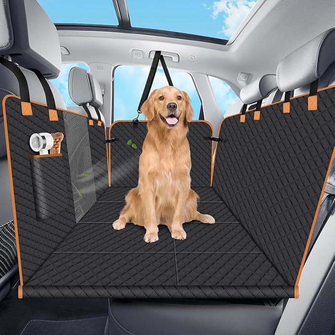 Dog Car Seat Cover for Back Seat, Hard Bottom Back Seat Extender for Dogs Holds 400lbs, Easy to Clean, Waterproof Scratch Proof Nonslip Dog Hammock for Cars SUV Truck, Black Color