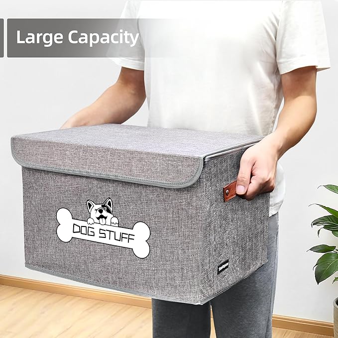 Thankspaw Fabric Dog Toy Box with Lid, Collapsible Storage Bin, Basket Organizer with Handle for Dog Toys, Blankets and Accessories, Grey