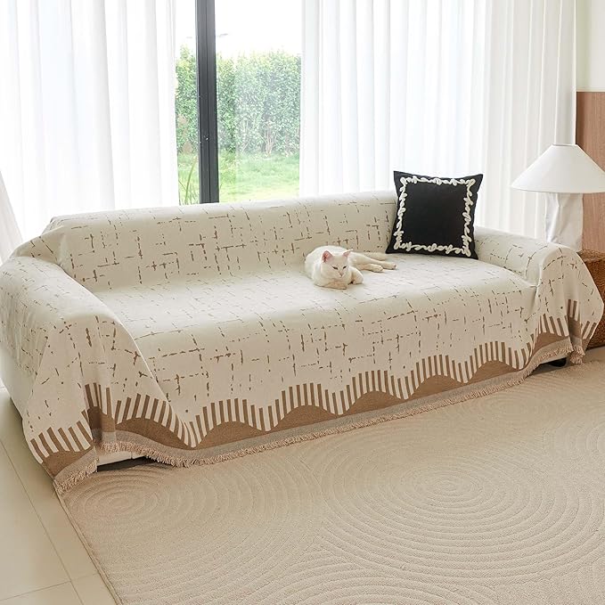 Couch Cover for 3 Cushion Sofa Pet Friendly Furniture Covers, Chenille Sofa Covers Washable L Shape, Boho Couch Blanket Cover with Tassel Decoration, 71"x 150", Light Brown