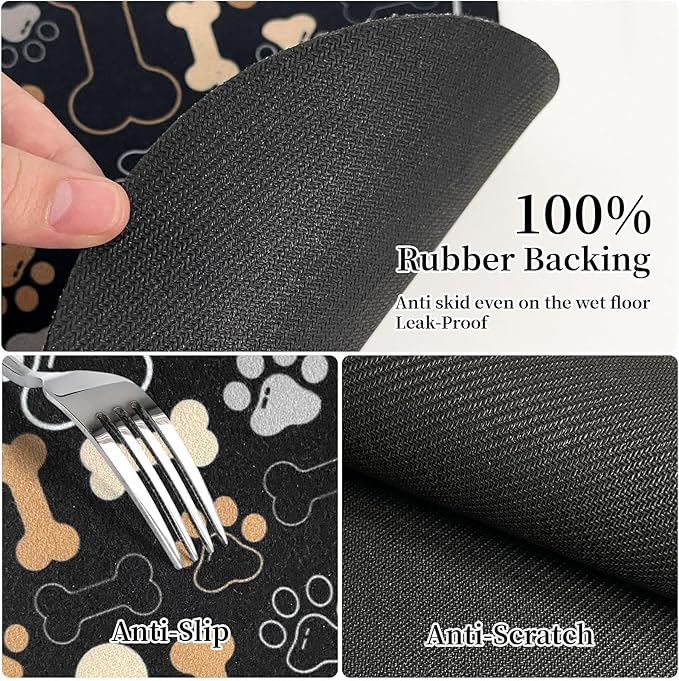 Dog & Cat Food Mat Bone Shaped Pet Feeding Mat Quick Absorb Water Bowl Placemat with Rubber Backing Indoor Floor Stain Resistant Pet Accessory Supplies (Black, 17x29 Inches)
