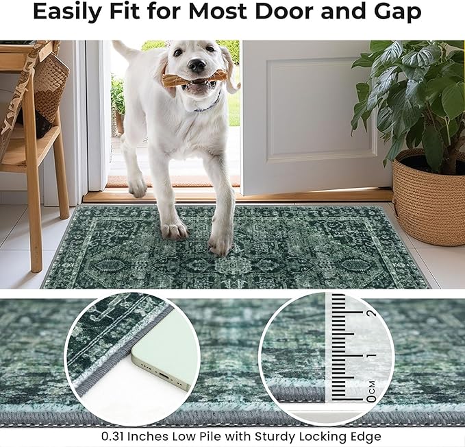 KOZYFLY Long Runners for Hallways 3x10 Ft Washable Kitchen Rug Faux Wool Printed Stair Runner Floor Carpet for Bedroom Entryway Stairs Kitchen Hall Indoor Use, Dark Green