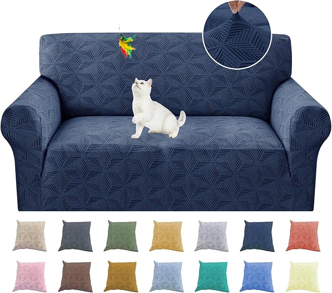 YEMYHOM 1 Piece Stretch Couch Covers for 2 Cushion Couch, Jacquard Loveseat Cover with Non-Slip Elastic Bottom, Thickened Slipcover Furniture Protector for Dogs Pets (Medium, Navy）