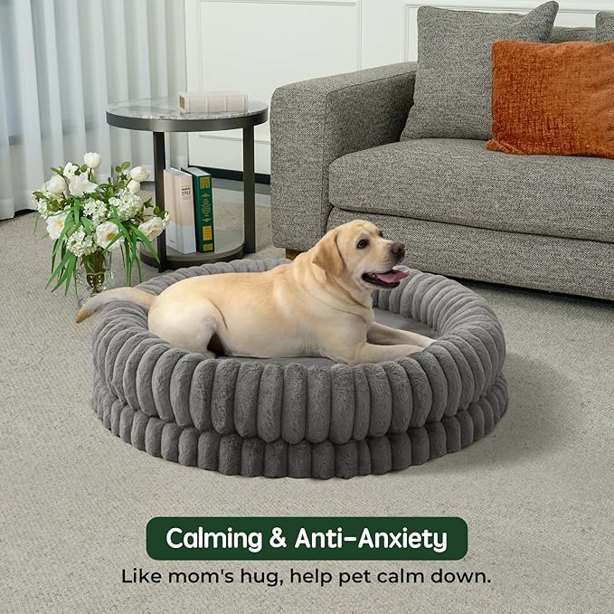 BALANCE Luxury Donut Dog Bed, 43 Inches Round Dog Beds Large Sized Dogs Washable, Orthopedic Calming Dogs Bed for Pets with Anti-Slip Bottom, Gray