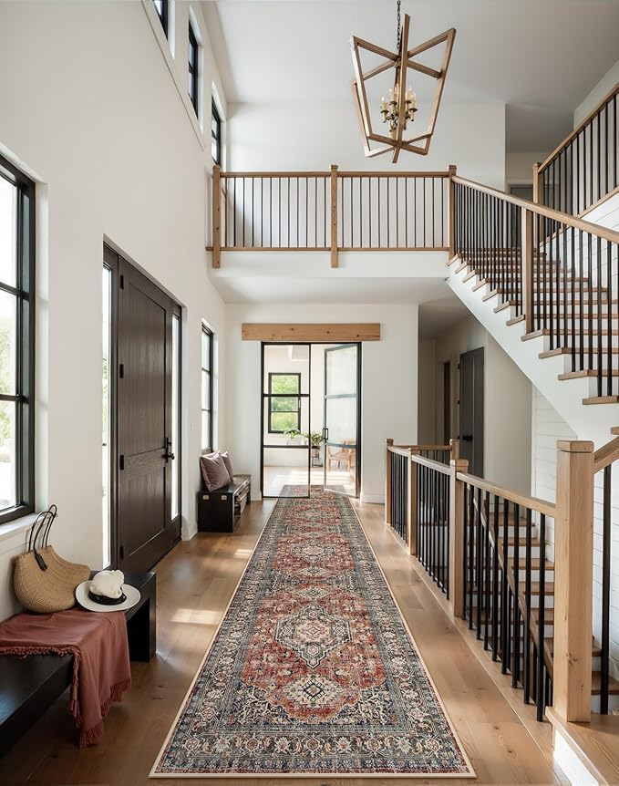 Lahome Oriental Hallway Runner Rug, 2.5x12 Washable Runners for Hallways Kitchen, Soft Distressed Non Shedding Long Carpet for Entryway ‎Laundry Room Eleanor, Brick Red