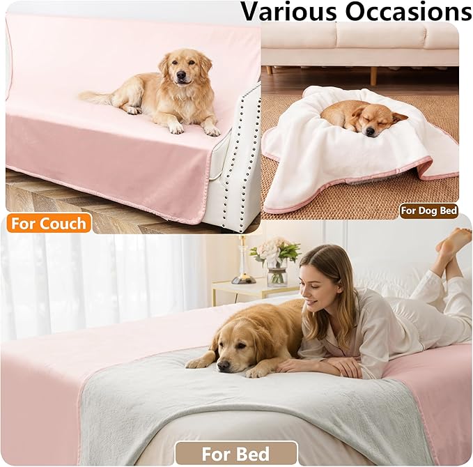 Tuffeel Waterproof Blanket for Bed King Size, Leak Proof Dog Couch Blankets Reversible, Pet Throw Sofa Furniture Protector Machine Washable-82 x108,Pink+Cream