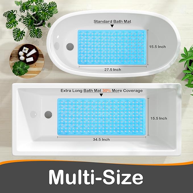 Yimobra Bathtub Mat Non Slip, 27.5"x15.5" Machine Washable Shower Floor Mat, Soft on Feet, Bathmat with Drain Holes and Suction Cups, Bathroom Essentials, Clear Blue