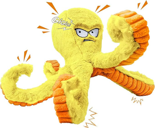 LEGEND SANDY Tough Dog Toys, Stuffed Chew Large Dog Toys to Keep Them Busy, Interactive Squeaky Tug of War Doggie Toy, Crinkle Yellow Octopus