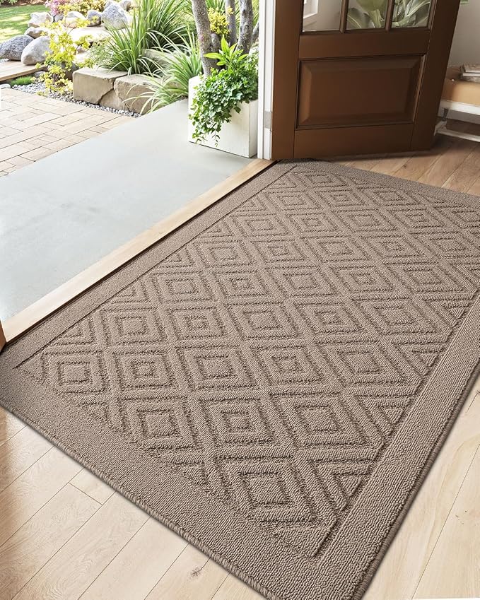 DEXI Front Door Mat for Entryway, 48x72 Washable Entry Rugs with Non Slip Backing, Low Profile Absorbent Welcome Floor Doormat for Inside Home, Entrance, Beige