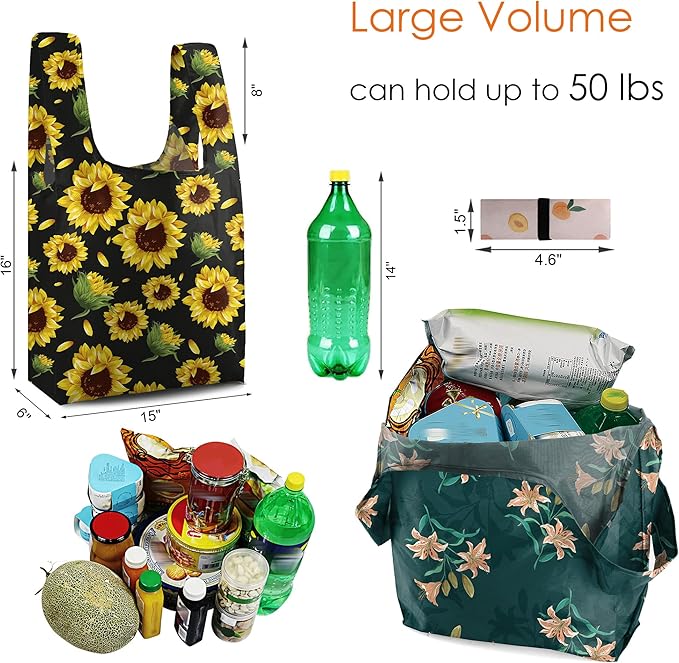 BeeGreen Flower Reusable Grocery Bags Bulk Gifts 10-Pack - Large Tote with Zipper Pouch | Foldable & Washable Polyester Shopping Bags Heavy Duty Flower Lover Gifts Reusable Bag With Handles