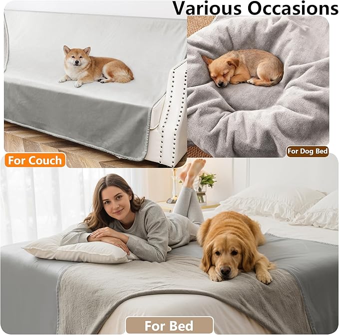 Tuffeel Waterproof Blanket for Bed King Size, Leak Proof Dog Couch Blankets Reversible, Pet Throw Sofa Furniture Protector Machine Washable-82 x108,Light Grey+Dark Grey