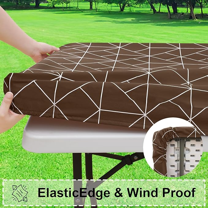 misaya Rectangle Vinyl Tablecloth, 4 Foot Elastic Fitted Table Cover with Flannel Backing, 100% Waterproof Plastic Table Cloth for Picnic, Camping, Outdoor (Coffee and White, 30x48 inch)